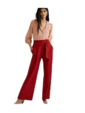 Anthropologie Trousers Cranberry Red Paperbag Wide Leg Tie Front Waist, M (10)